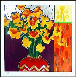 Liz Jardine: 'Firecracker Floral' Easter daffodils, Flowers, Original Serigraph signed | Graphic work, Prints
