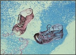 Reiner Schwarz: Signed lithograph 'Kinderspiel' with pair of brown child's shoes on blue, unique work, 1974