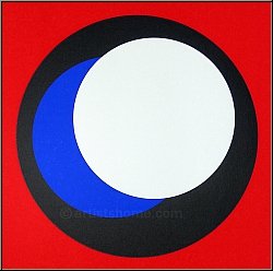 Geneviève Claisse: Silkscreen Print, Black Blue & White Circles on Red, signed - Op-Art | Original Serigraphs