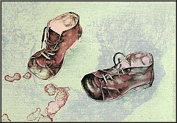 Reiner Schwarz: Unique lithograph 'Kinderspiel' 1974 signed, pair of brown child's shoes on pale green paper