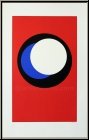 Genevi�ve Claisse: Silkscreen Print, Black Blue & White Circles on Red, signed - Op-Art | Original Serigraphs